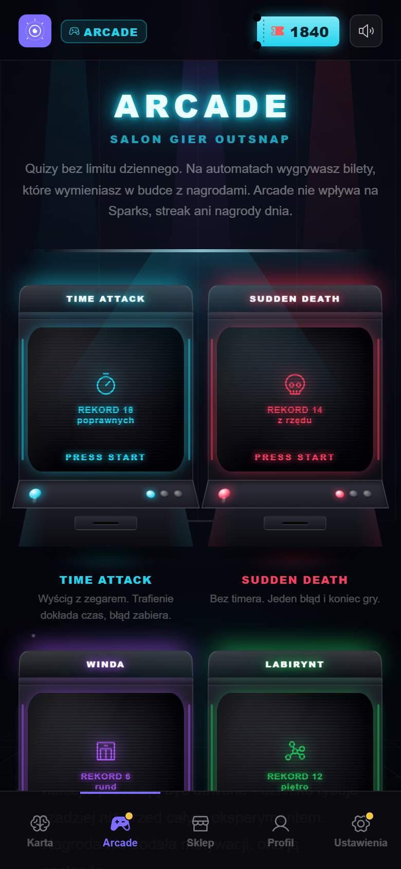 Tryb Arcade w aplikacji OutSnap: salon gier z automatami do quizów bez limitu dziennego