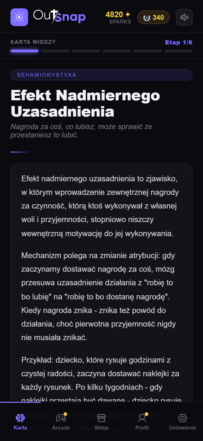 Ekran codziennej karty wiedzy z psychologii w aplikacji OutSnap: Efekt Nadmiernego Uzasadnienia