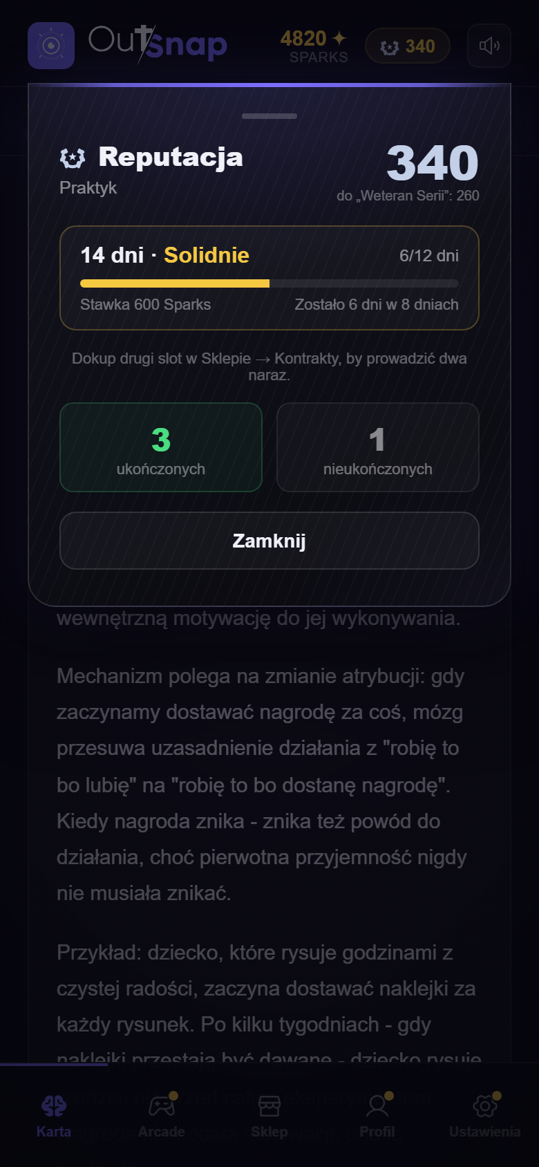 Panel Kontraktów i Reputacji w aplikacji OutSnap z aktywnym kontraktem na 14 dni