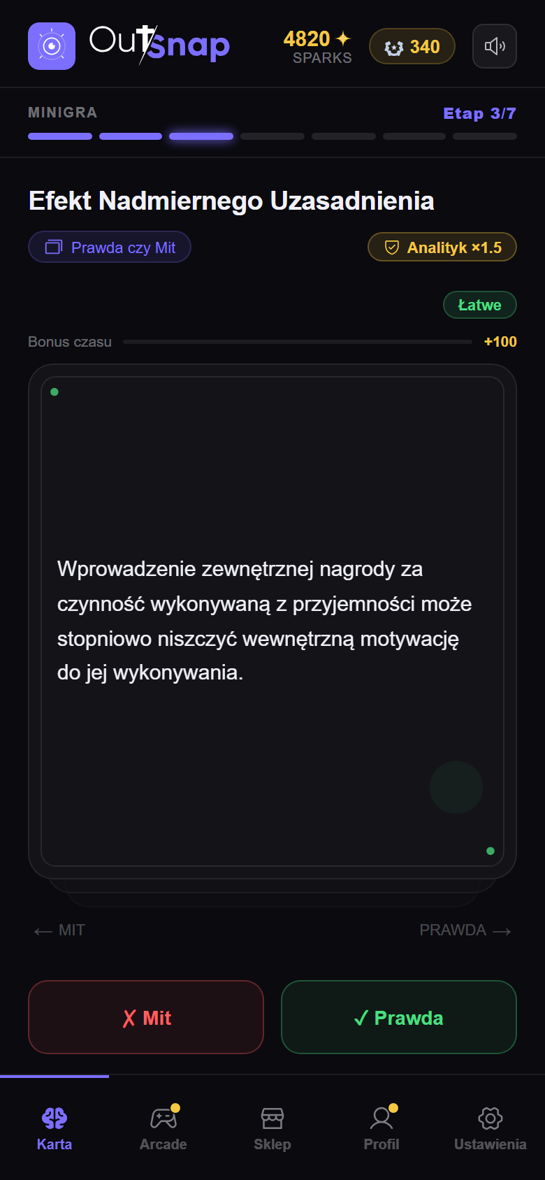 Mini-gra Prawda czy Mit w aplikacji OutSnap, oparta na treści karty dnia