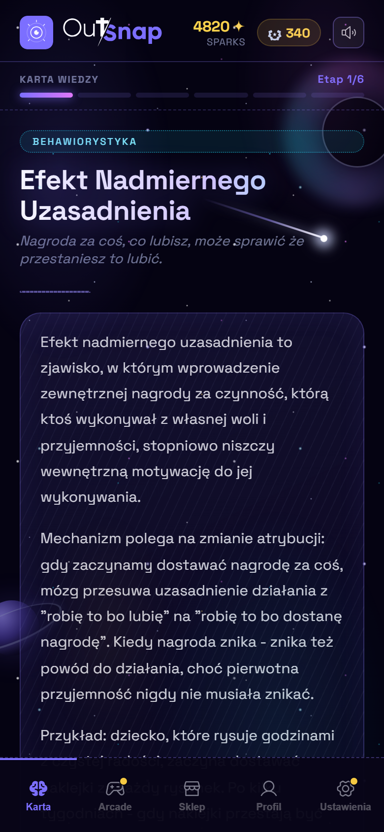 Legendarny motyw graficzny Kosmos w aplikacji OutSnap: karta wiedzy na tle gwiazd