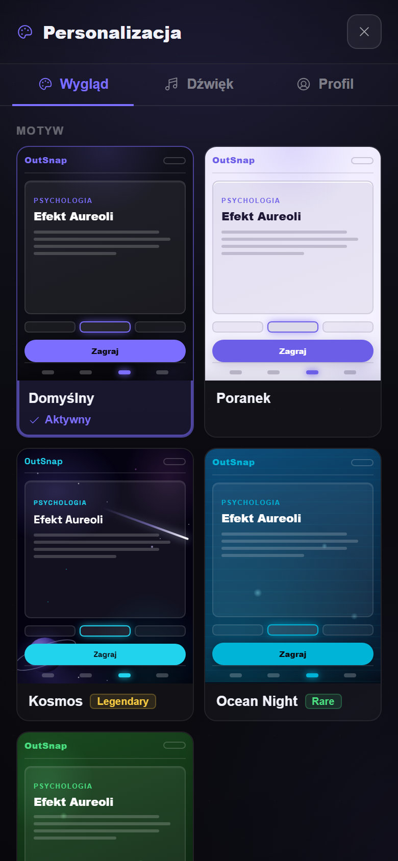 Hub Personalizacji w aplikacji OutSnap z miniaturami motywów graficznych do wyboru