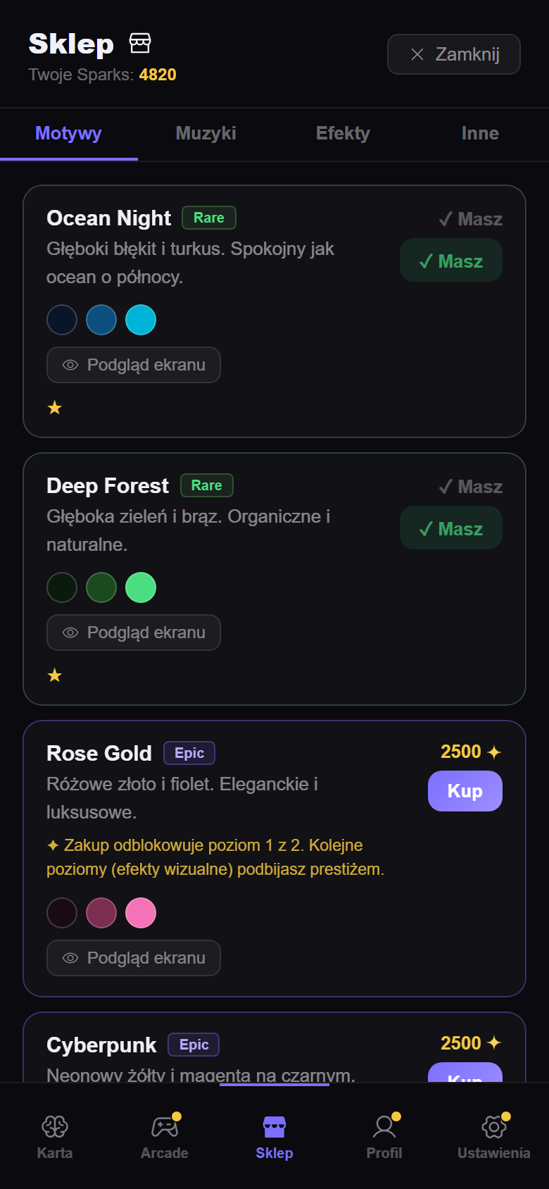 Sklep z motywami graficznymi w aplikacji OutSnap, kupowanymi za zdobyte Sparks