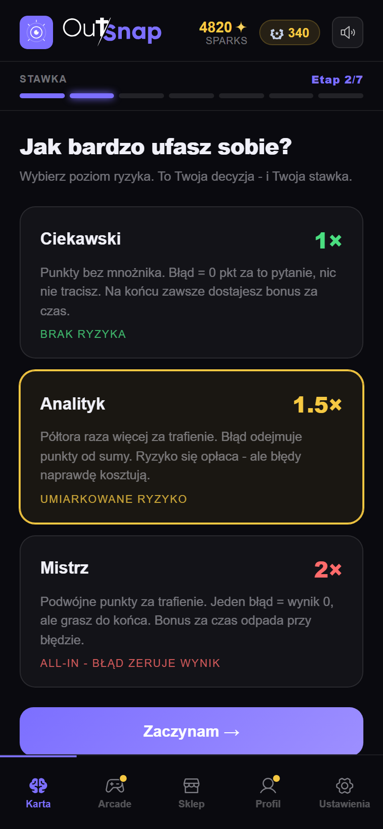 Wybór poziomu ryzyka przed mini-grą w aplikacji OutSnap: Ciekawski, Analityk, Mistrz