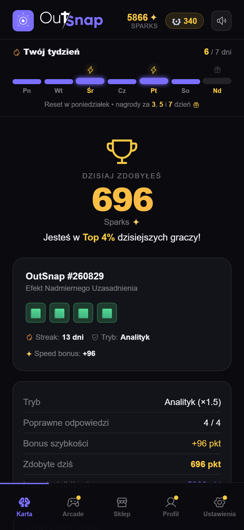 Ekran wyniku sesji w aplikacji OutSnap ze zdobytymi punktami Sparks
